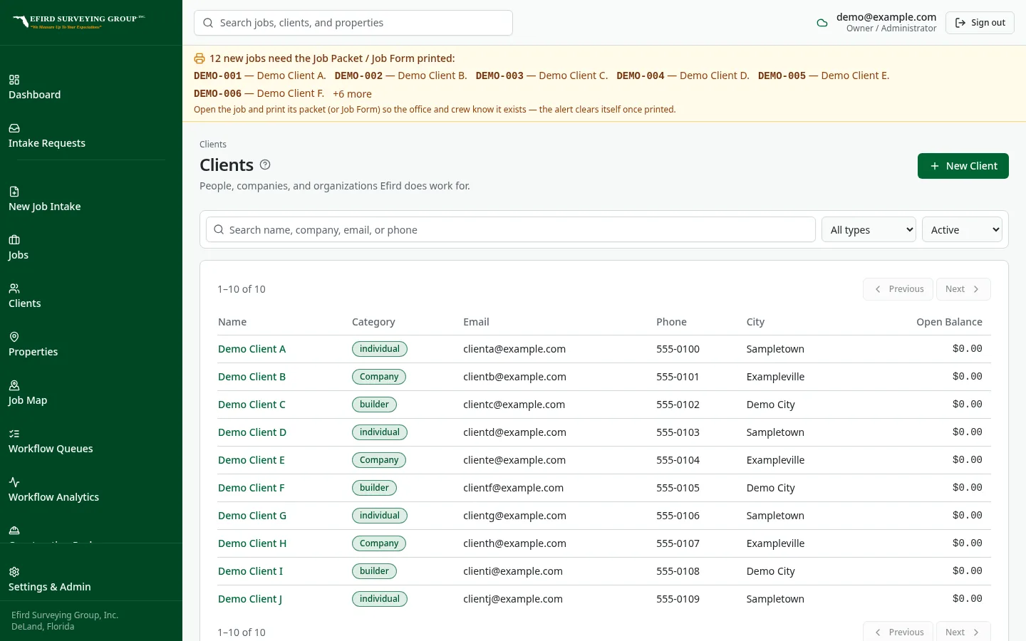 Efird Surveying Group custom software: Client roster with paging and an active filter