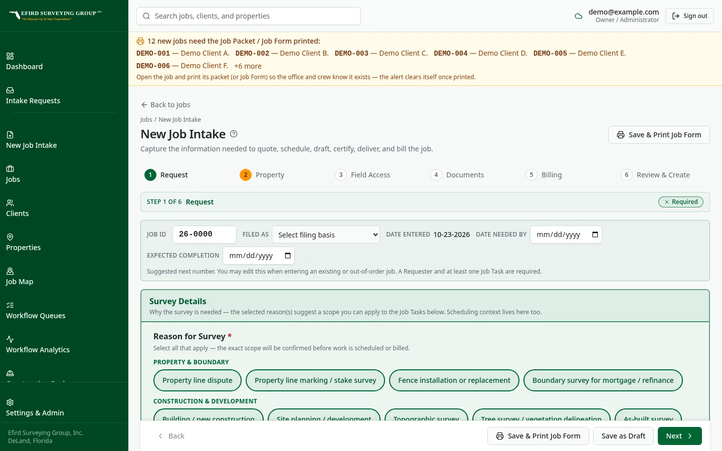 Efird Surveying Group custom software: Intake that numbers each new job automatically