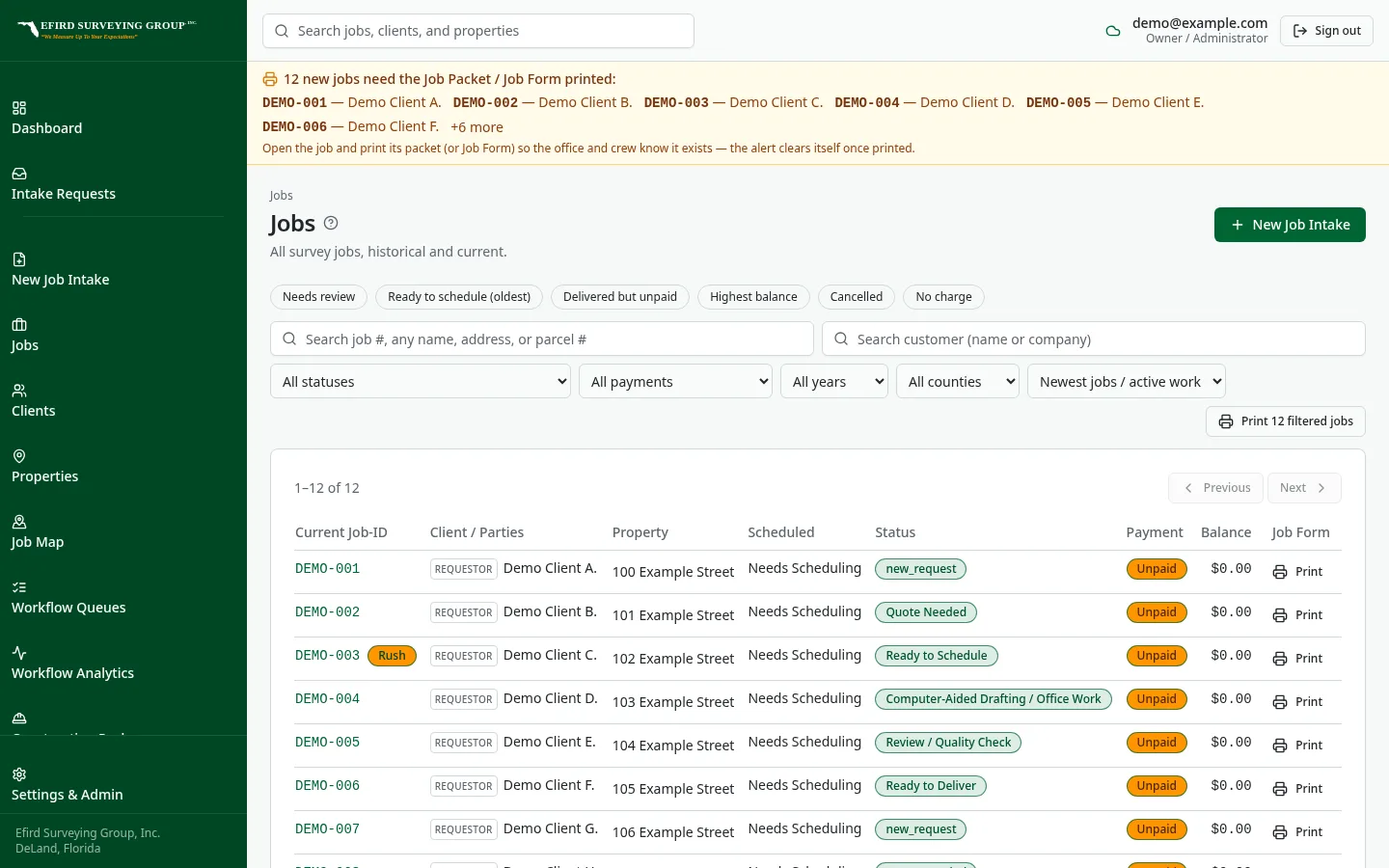 Efird Surveying Group custom software: Paged job list with filters for status, payment, year and county